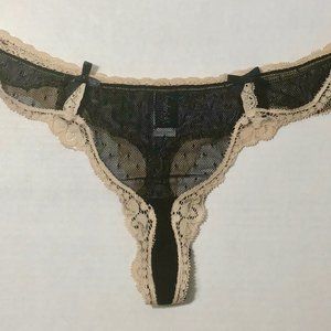 Fredericks of Hollywood Thong  Sheer Black Soft Net and Nude Lace Trim